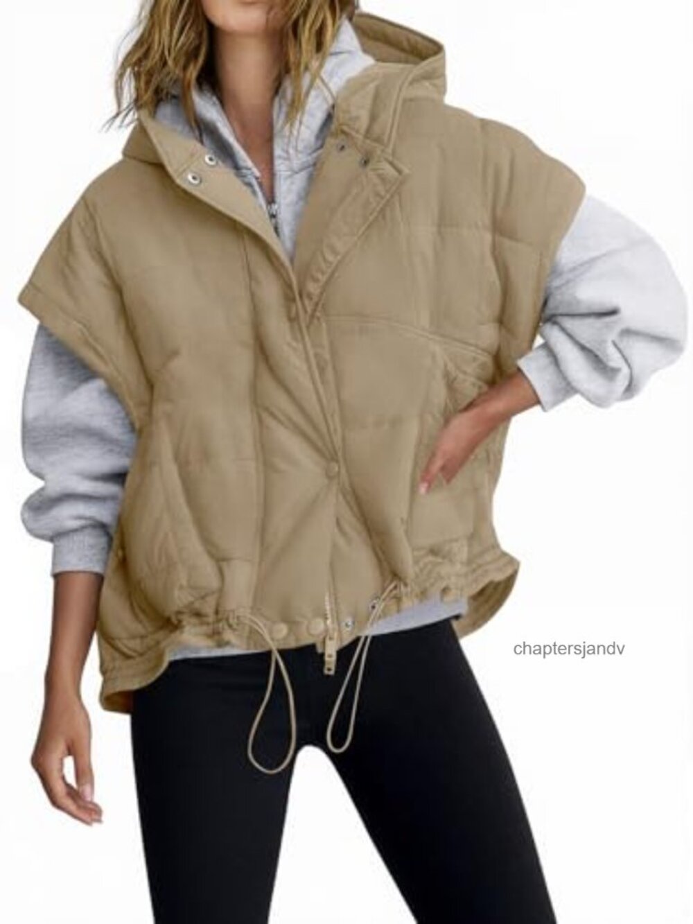Oversized Hooded Quilted Puffer Vest Cap Sleeve Warm Padded Coat
